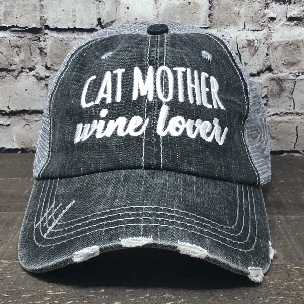 "Cat Mother Wine Lover" Embroidered/Distressed Cap